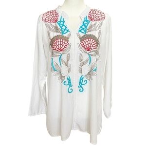 A&A Women’s Size XL White Tunic Embroidered Shells Boho Beachy Summer Casual